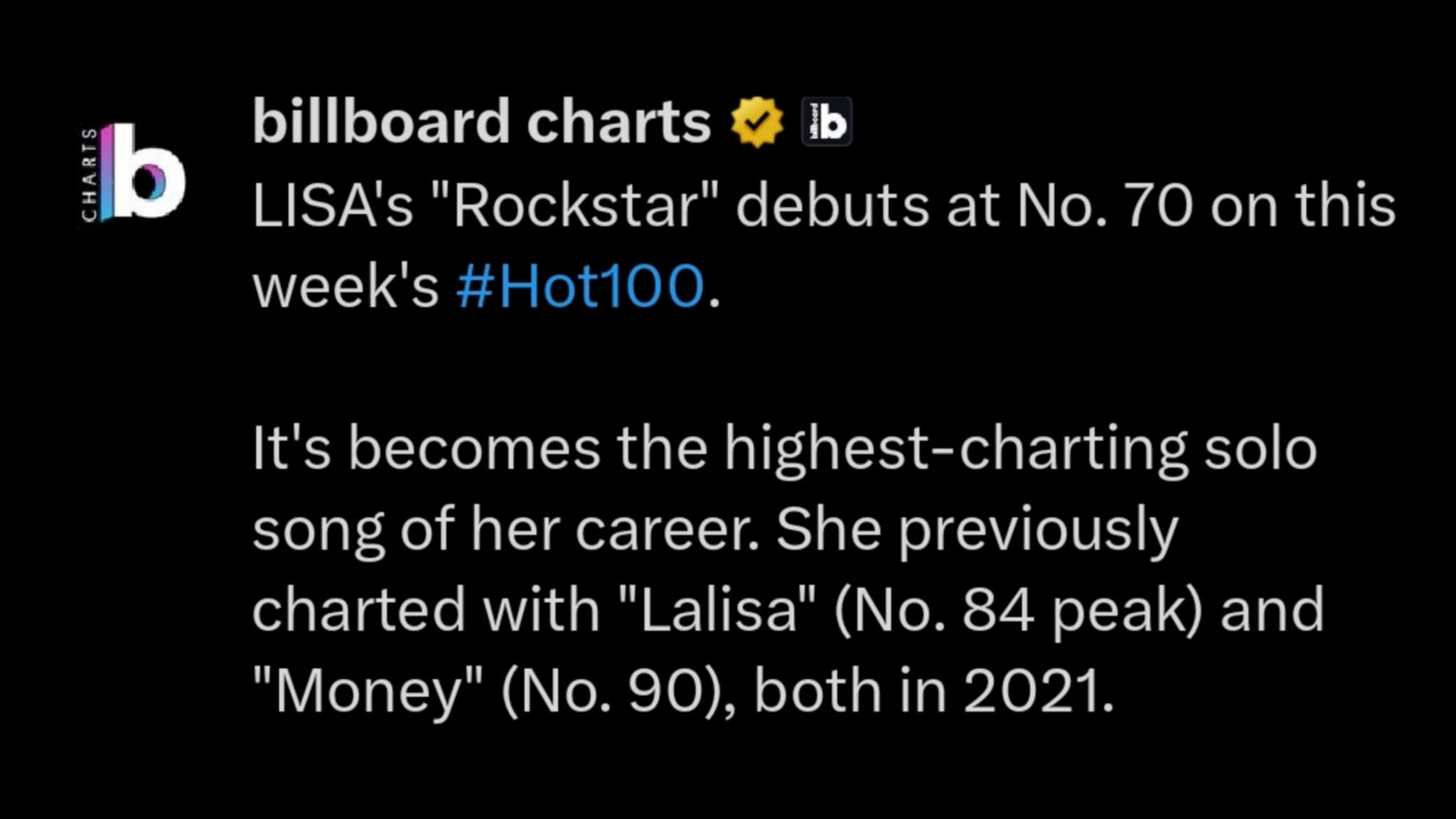 BLACKPINK's Lisa makes Billboard Hot 100 debut with "ROCKSTAR"